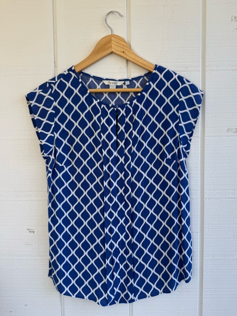 Boden Blue And White Geometric Lattice Cap Sleeve Blouse Size US 6